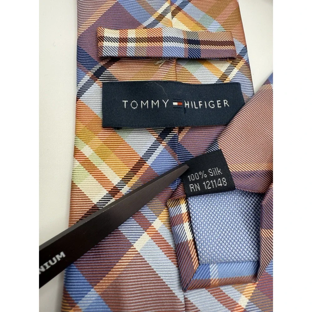 Tommy Hilfiger 100% Silk Plaid Tie Blue Brown Orange Madras Style‎ 61